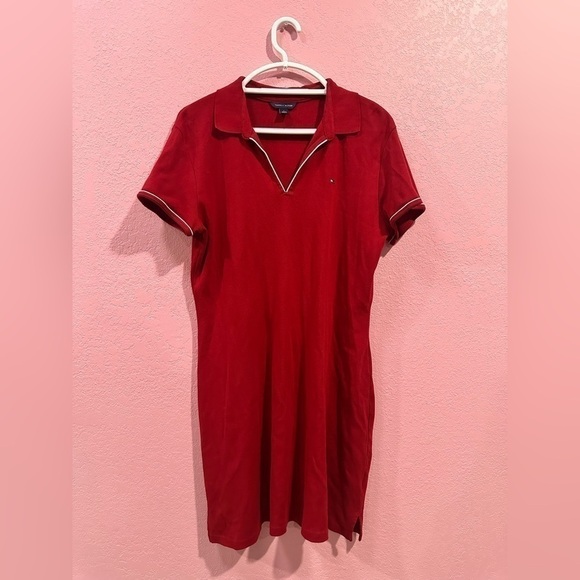 Tommy Hilfiger Red White Collared Slits Polo Shirt Tunic Mini Dress XL - Picture 1 of 6